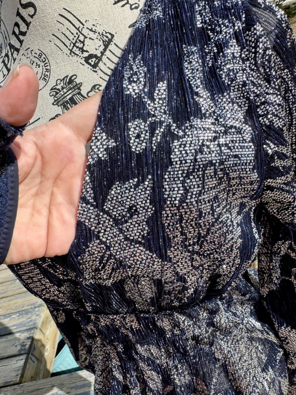 Anthropologie Black Navy and Silver Metallic Floral V-Neck Peplum Blouse - Picture 10 of 17
